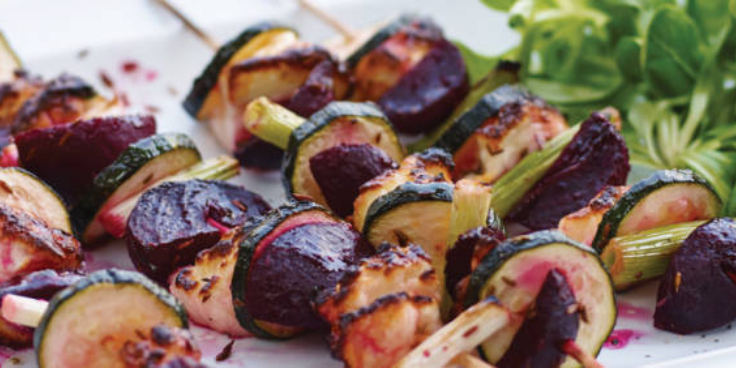 Infused beetroot halloumi and courgette kebabs copy